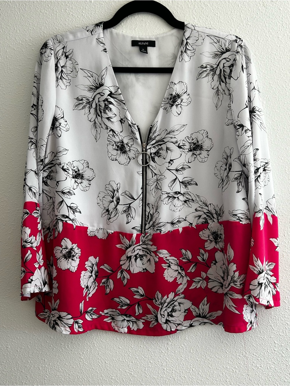 Alfani White & Hot Pink Floral Zip-Front Blouse